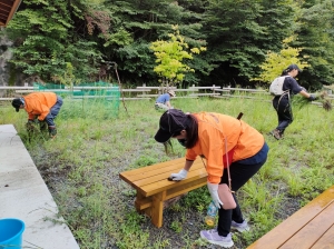 広場のベンチの清掃