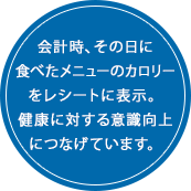 会計時、その日に食べたメニューのカロリーをレシートに表示。健康に対する意識向上につなげています。