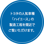 トヨタの人気車種「ハイエース」の製造工程を間近でご覧いただけます。